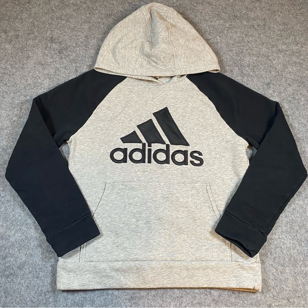 Adidas Embroidered Heathered Gray/Black Hoodie Sweatshirt Boys Size M (10-12) - Picture 1 of 11